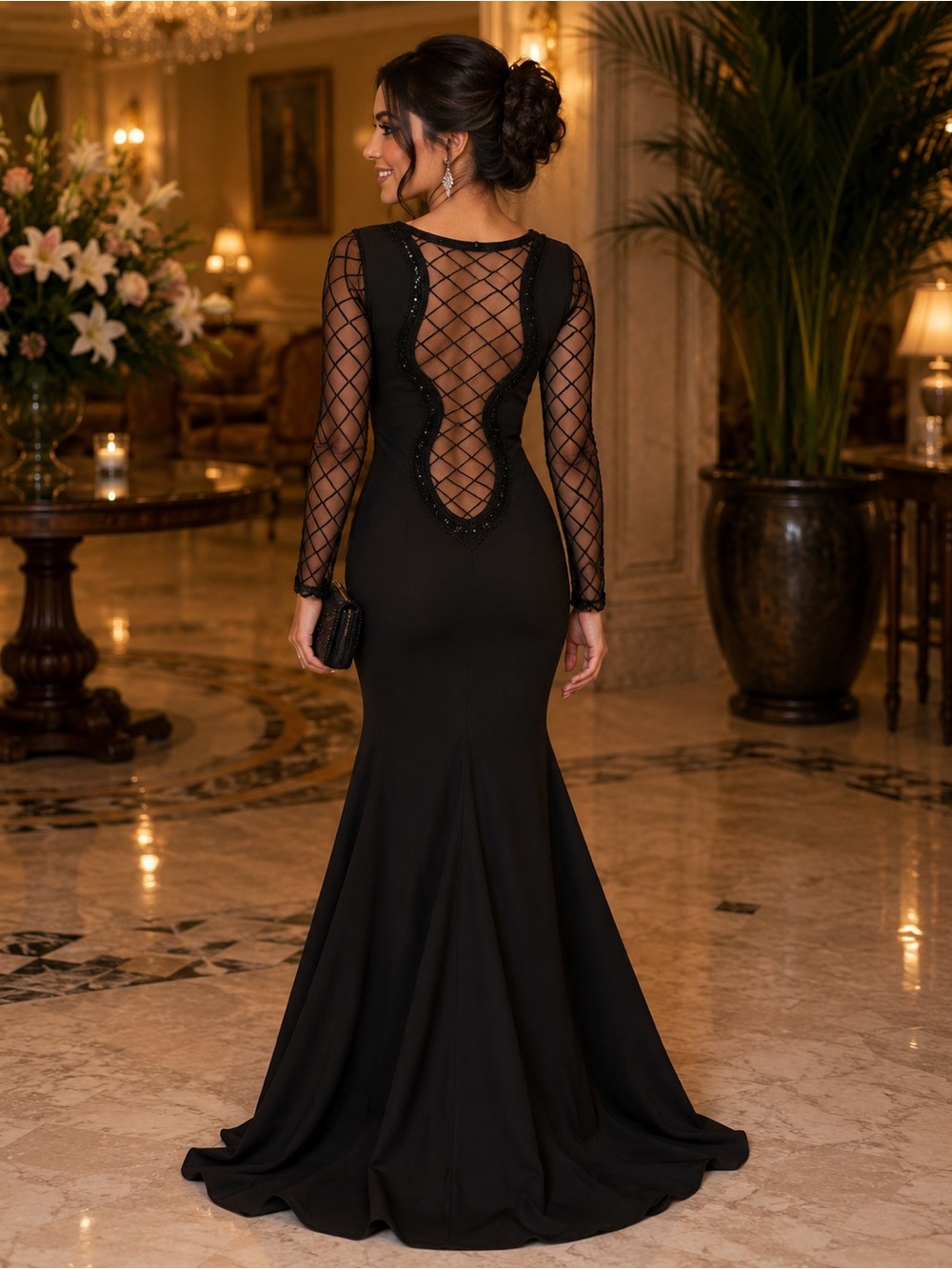 Sophisticated Black Long-Sleeve Mesh-Back Mermaid Maxi Dress